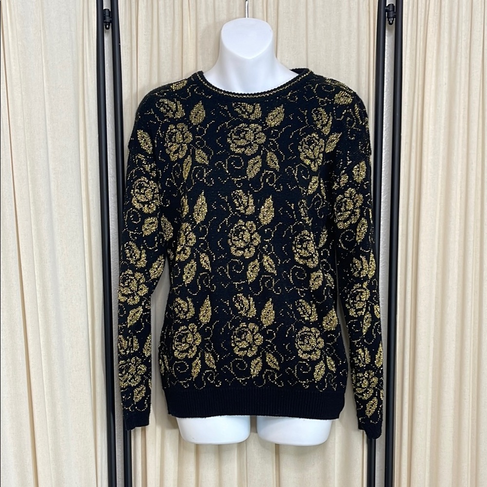 VINTAGE- Koret Black and Gold tinsel Floral Sweater size small
